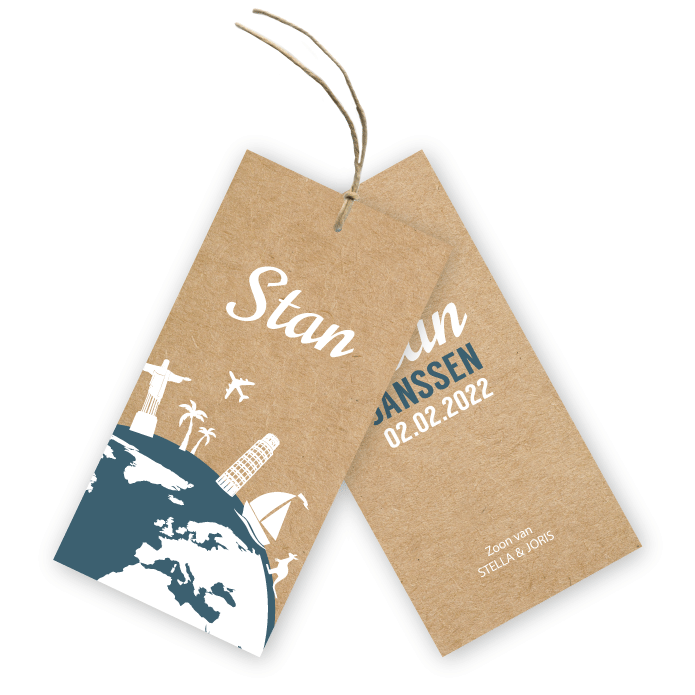 Label geboortekaartje kraft karton look wereldbol Stan
