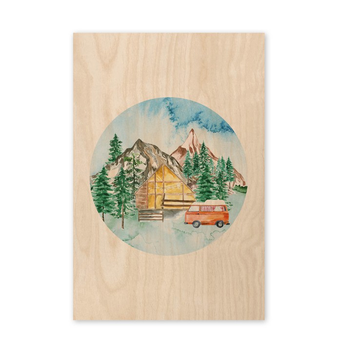 Poster hout waterverf landschap met huisje