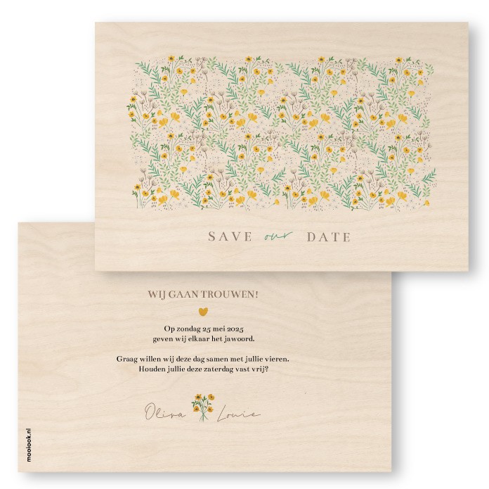 Save the date kaart lente bloemen rechthoek hout