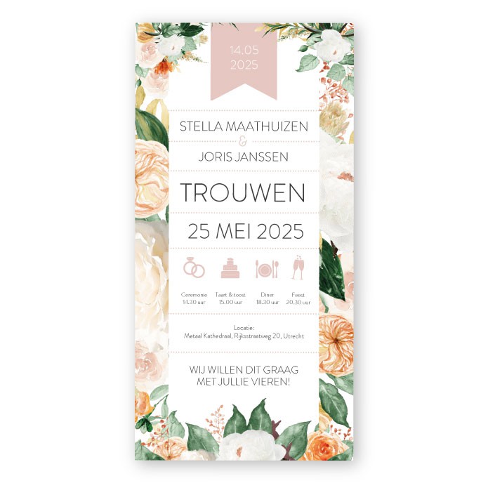 Trouwkaart-Vintage-floral-langwerpig