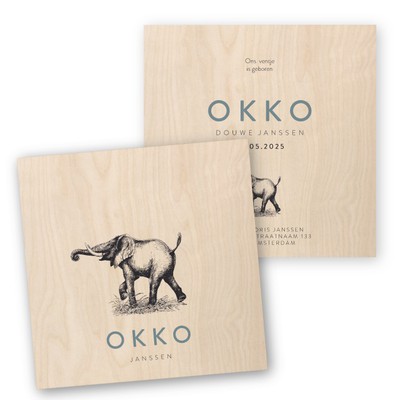 Geboortekaartjes-houten-olifant-getekend-vierkant-okko