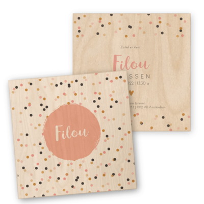 geboortekaartjes-roze-gele-stipjes-filou-hout